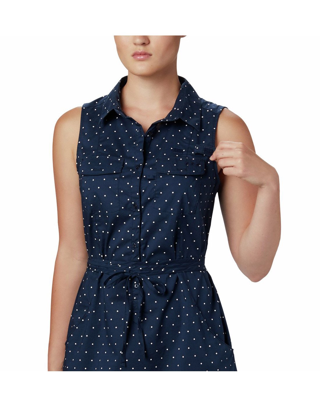 Image showing front view of dress in navy blue with white dots.