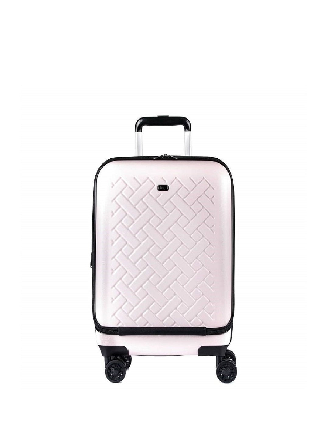 Image showing pink luggage piece with silver coloured carrying handle extended.