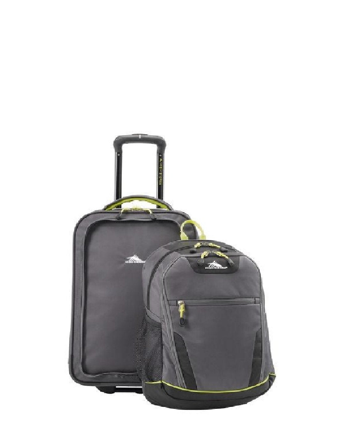 Image showing grey luggage piece with black and grey carrying handle extended and removeable daypack in grey.