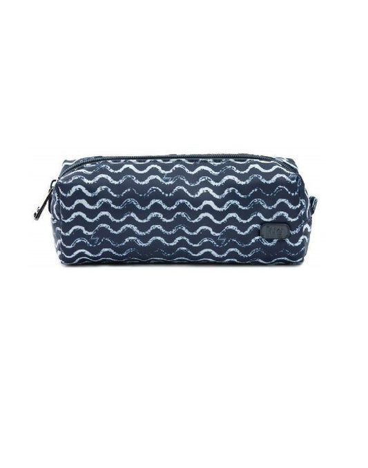 Product Image – Image showing front of purse in navy blue with a white wavy pattern.