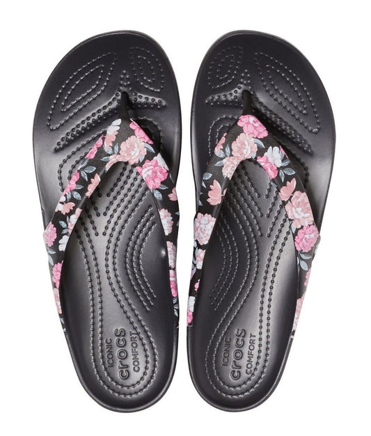 Product Image – Image showing overhead view of flips in black with a floral trim.