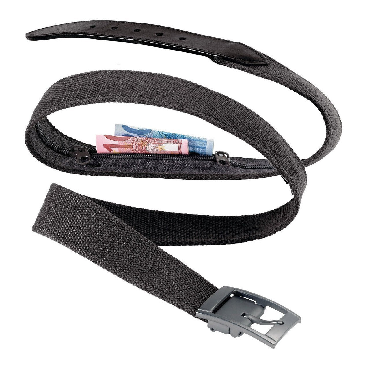 Item showing black leather and fabric belt with sample cash and metallic-grey buckle.