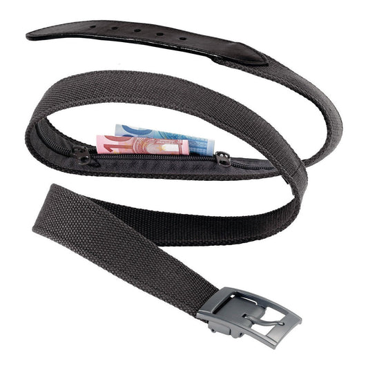 Product Image – Item showing black leather and fabric belt with sample cash and metallic-grey buckle.