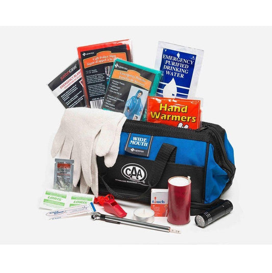 Product Image – Image showing black and blue kit bag with a variety of safety-related items.