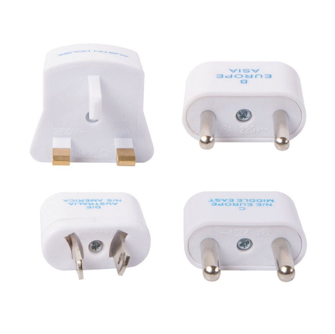 Image featuring four products molded in white plastic with metal-tipped prongs.