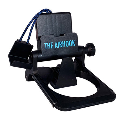 The AIRHOOK smartphone holder shown without a phone matte black in colour with light blue lettering.