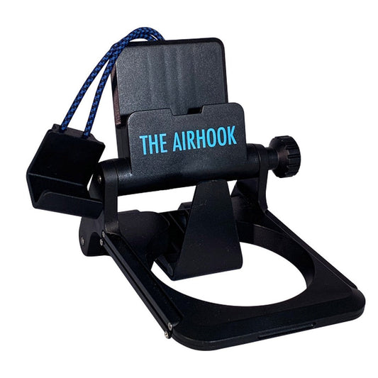 Product Image – The AIRHOOK smartphone holder shown without a phone matte black in colour with light blue lettering.