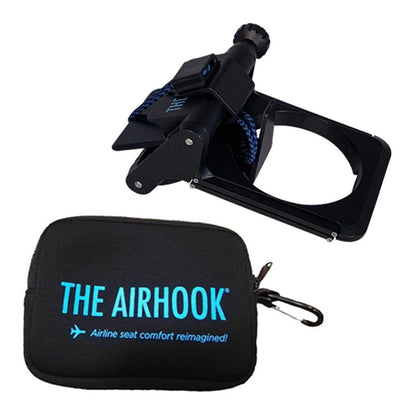 The AIRHOOK shown in a collapsed configuration along with a black travel case featuring blue lettering.