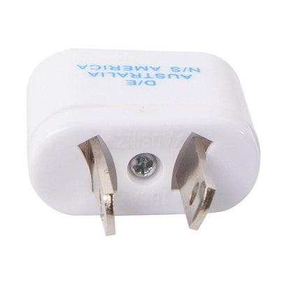 Image showing product molded in white plastic with metal plugs and light blue lettering.