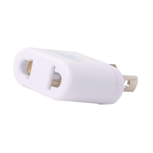 Product Image – Image showing product molded in white plastic with metal plugs and light blue lettering.