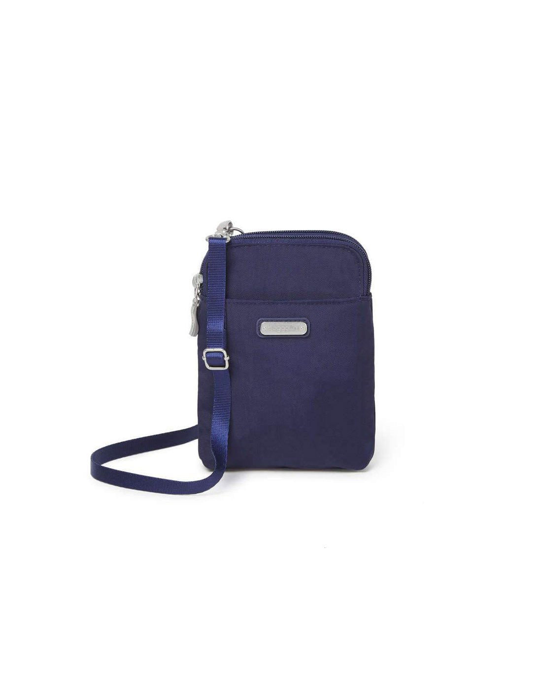 Image showing front of product in navy blue with silver buckles, zippers and label.