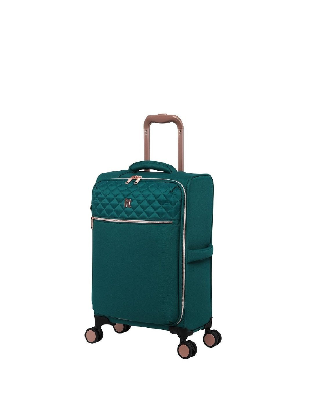 Image showing green luggage piece with tan coloured carrying handle extended.