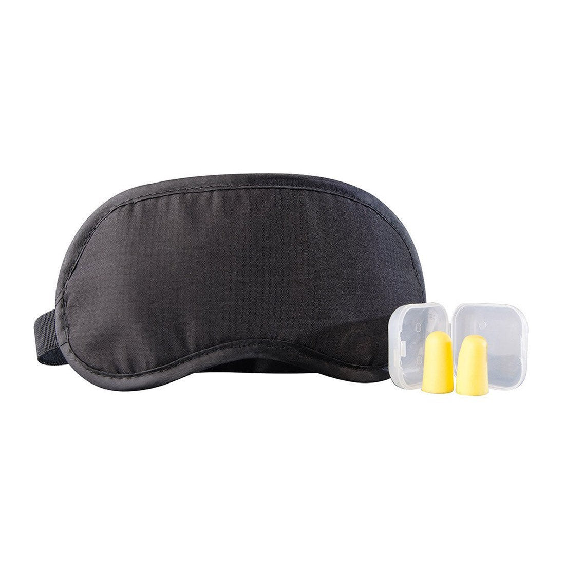 Image showing black fabric eye mask and clear platic carrying case with two yellow earplugs.