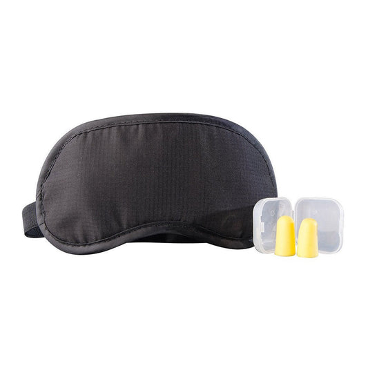 Product Image – Image showing black fabric eye mask and clear platic carrying case with two yellow earplugs.