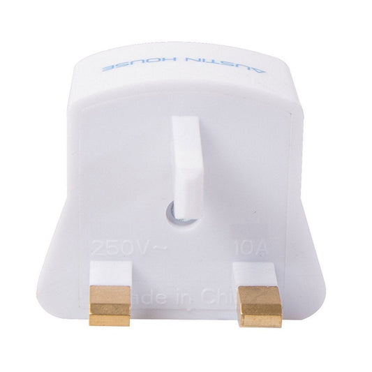 Product Image – Image showing back of product molded in white plastic with metal prongs and light blue lettering.