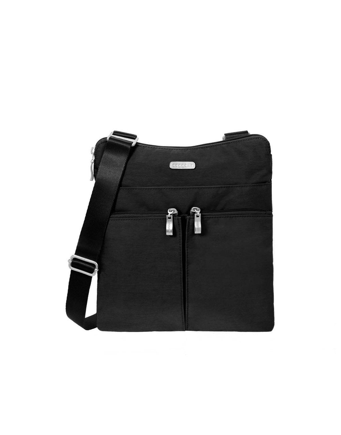 Image showing front of product in black with silver buckles, zippers and label.