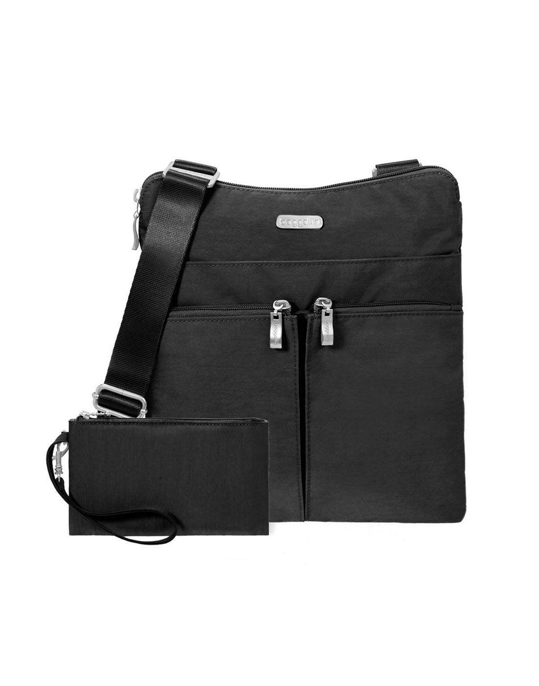 Image showing bag and wristlet in black with silver buckles, zippers and label.