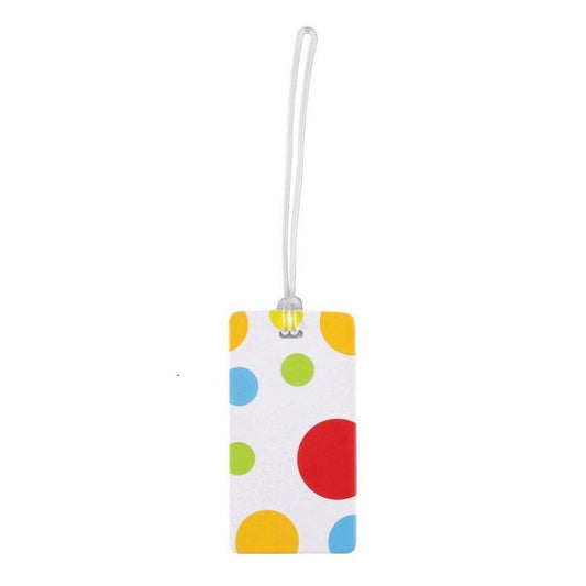 Product Image – Image showing white luggage tag with multi-coloured polka dots.