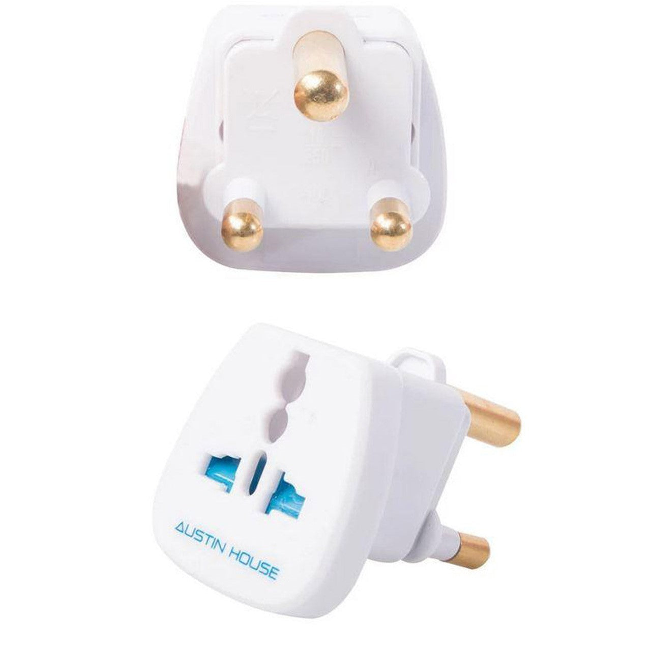 Image showing front of product molded in white plastic with metal prongs and rear of product molded in white plastic with light blue lettering.