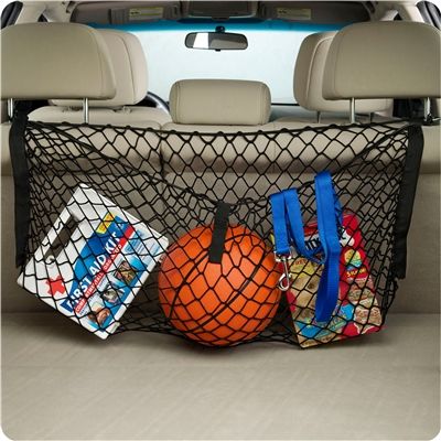 Product Image – Image showing product in black netting installed in a vehicle with various items stored inside.