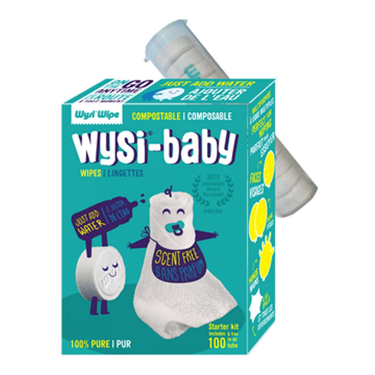 Image showing product box packaging with stylized image of happy infant and product in background.